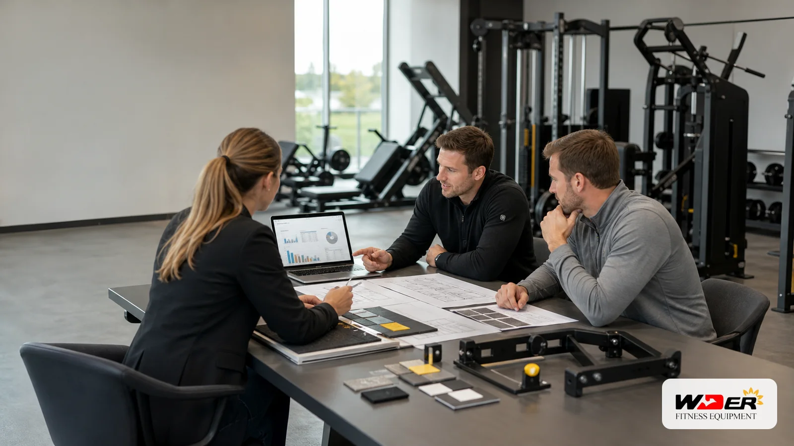 Commercial gym equipment procurement timeline meeting with WDER logo - Indian B2B buyer guide