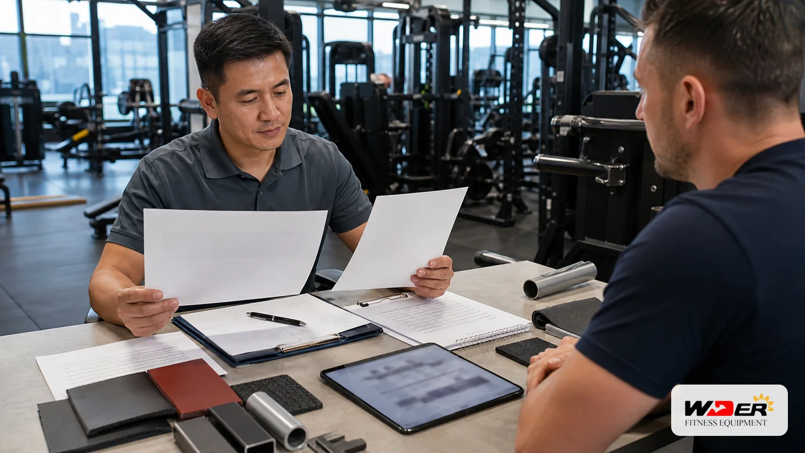 Commercial gym equipment quotation comparison meeting with WDER logo - Indian B2B buyer guide