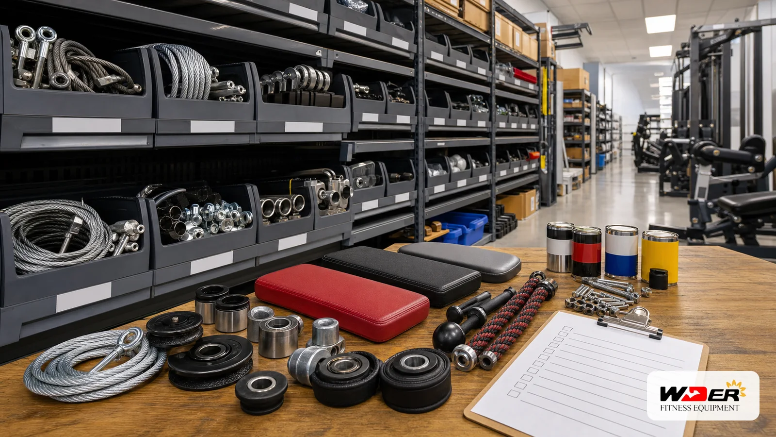Commercial gym equipment spare parts inventory with WDER logo - Indian B2B buyer guide