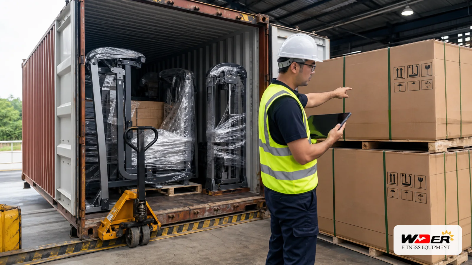 Commercial gym equipment container loading inspection with WDER logo - FR