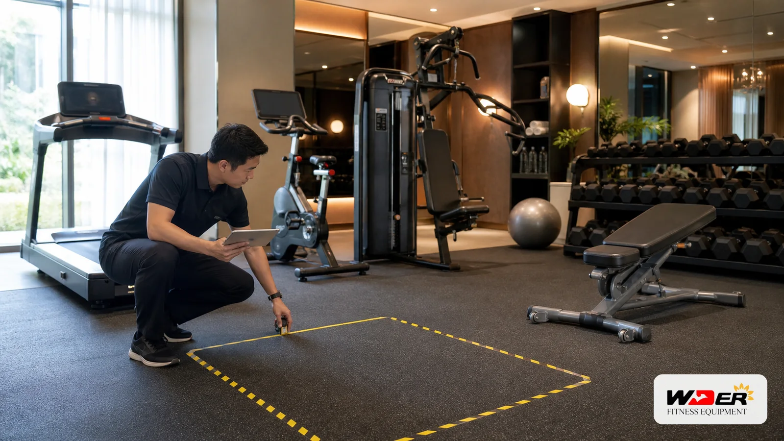Hotel gym equipment package planning with WDER logo - FR