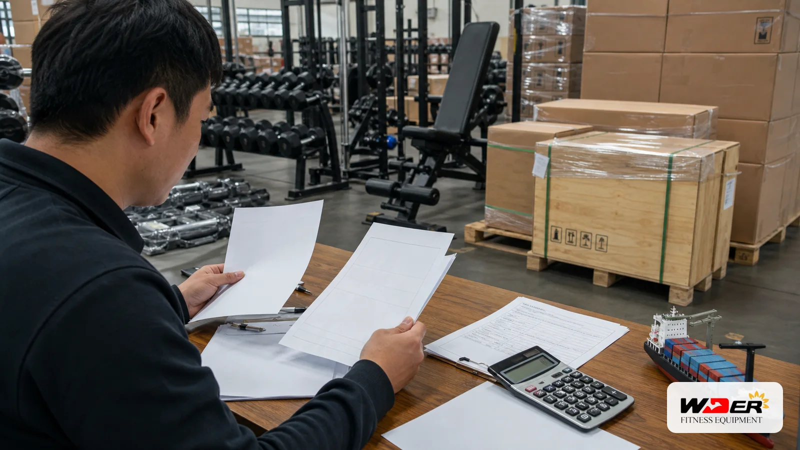 Commercial gym equipment landed cost comparison with WDER logo - FR