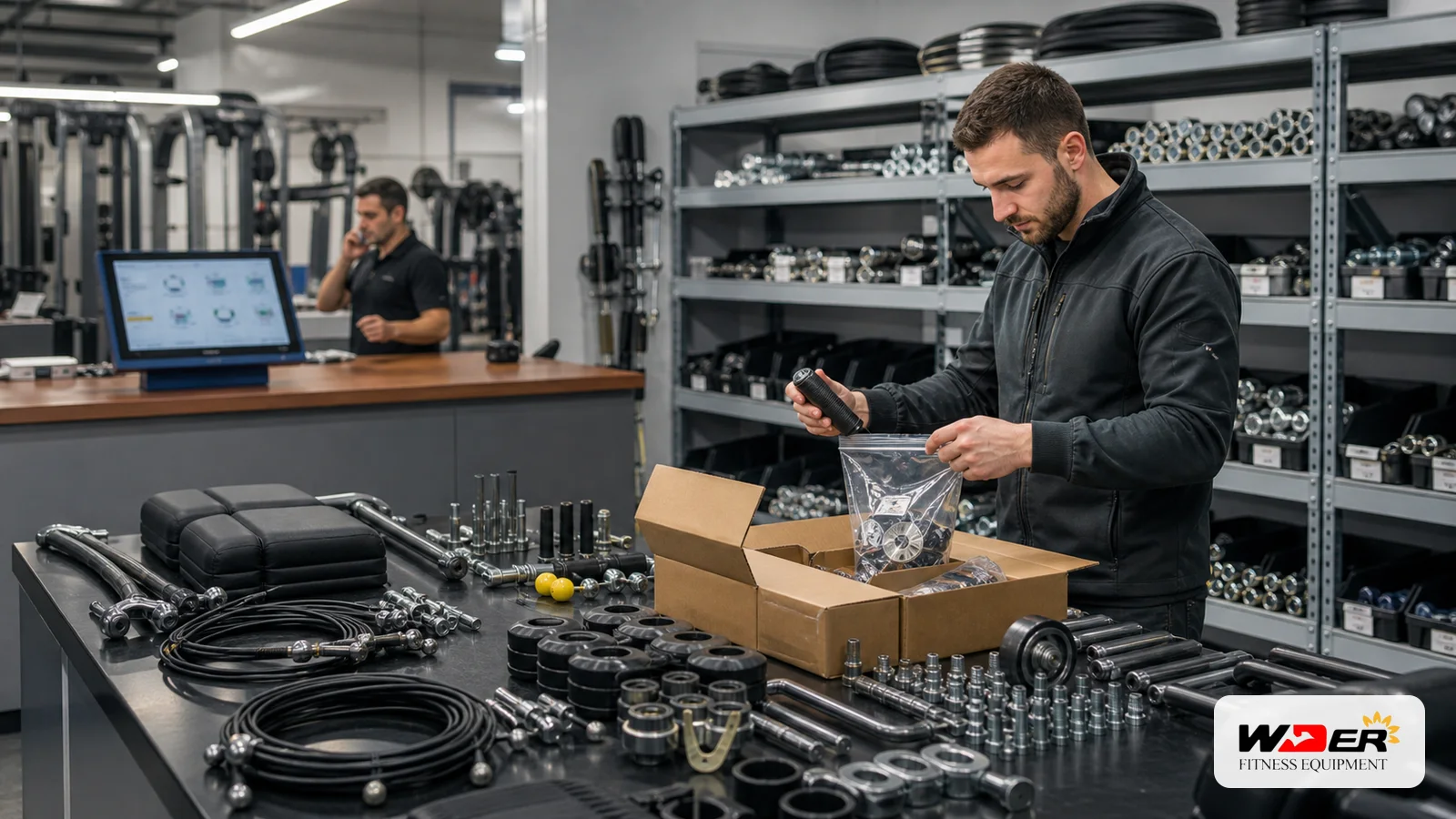 Commercial gym equipment spare parts reorder planning with WDER logo - FR