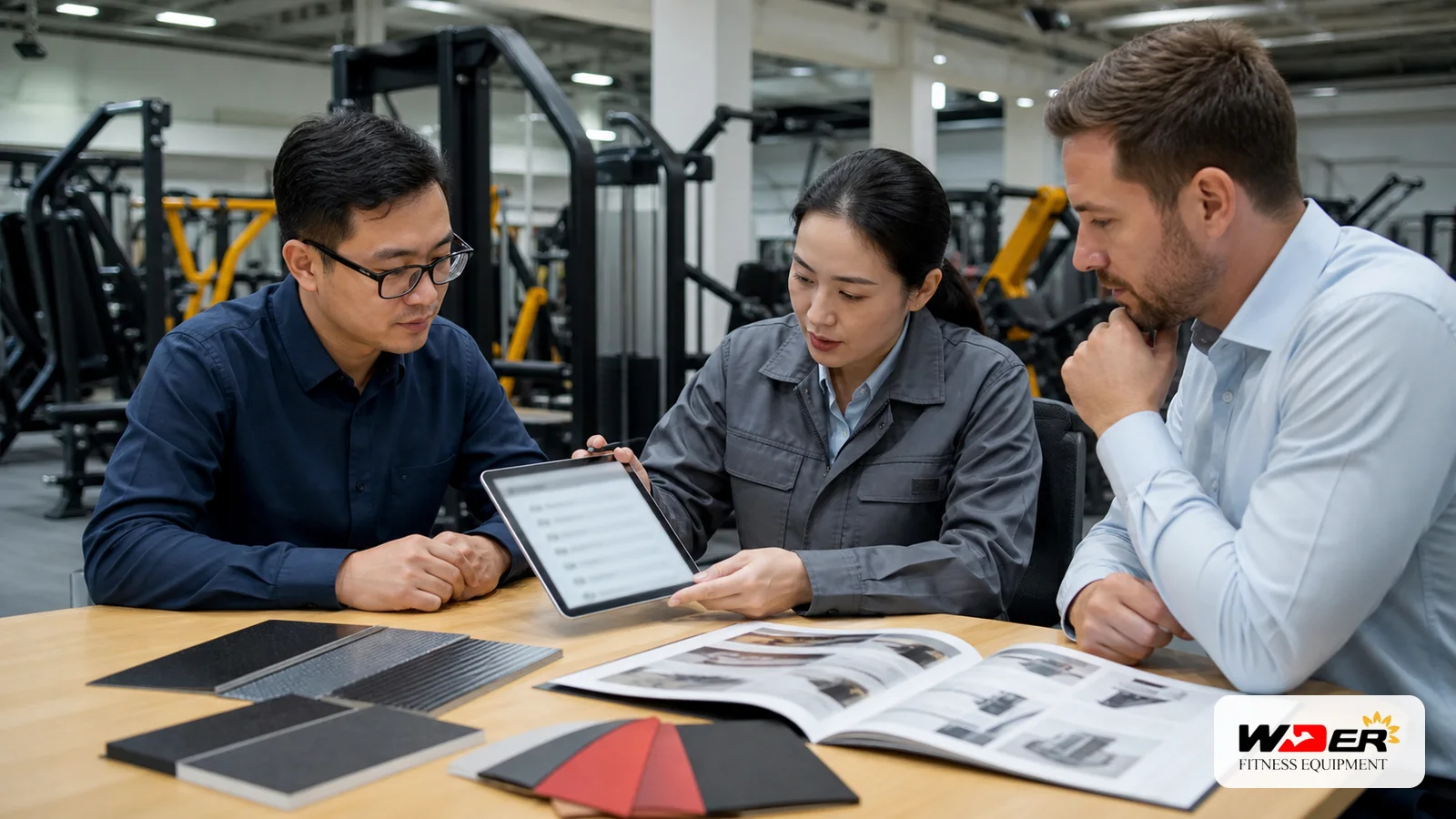 Commercial gym equipment supplier qualification meeting with WDER logo - FR