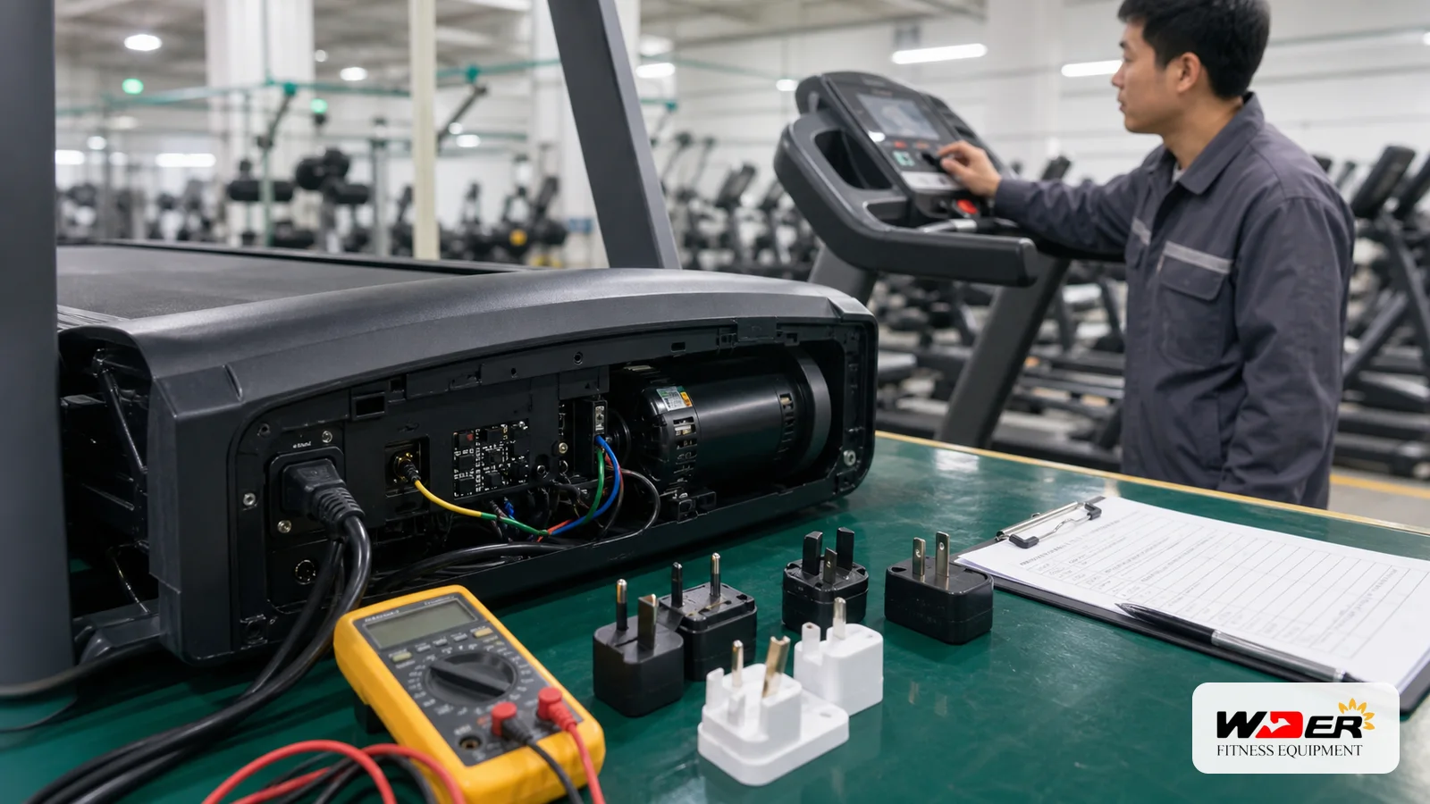Commercial treadmill voltage and motor inspection with WDER logo - FR