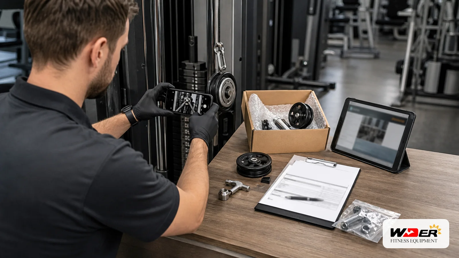 Commercial gym equipment warranty claim evidence with WDER logo - FR