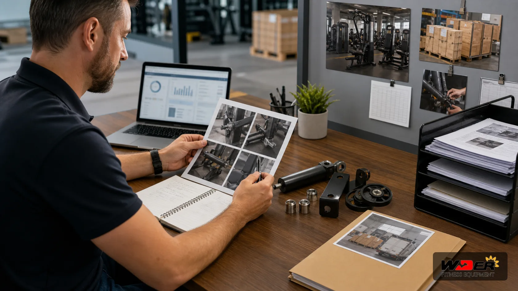 Commercial gym equipment distributor after sales workflow with WDER logo - FR