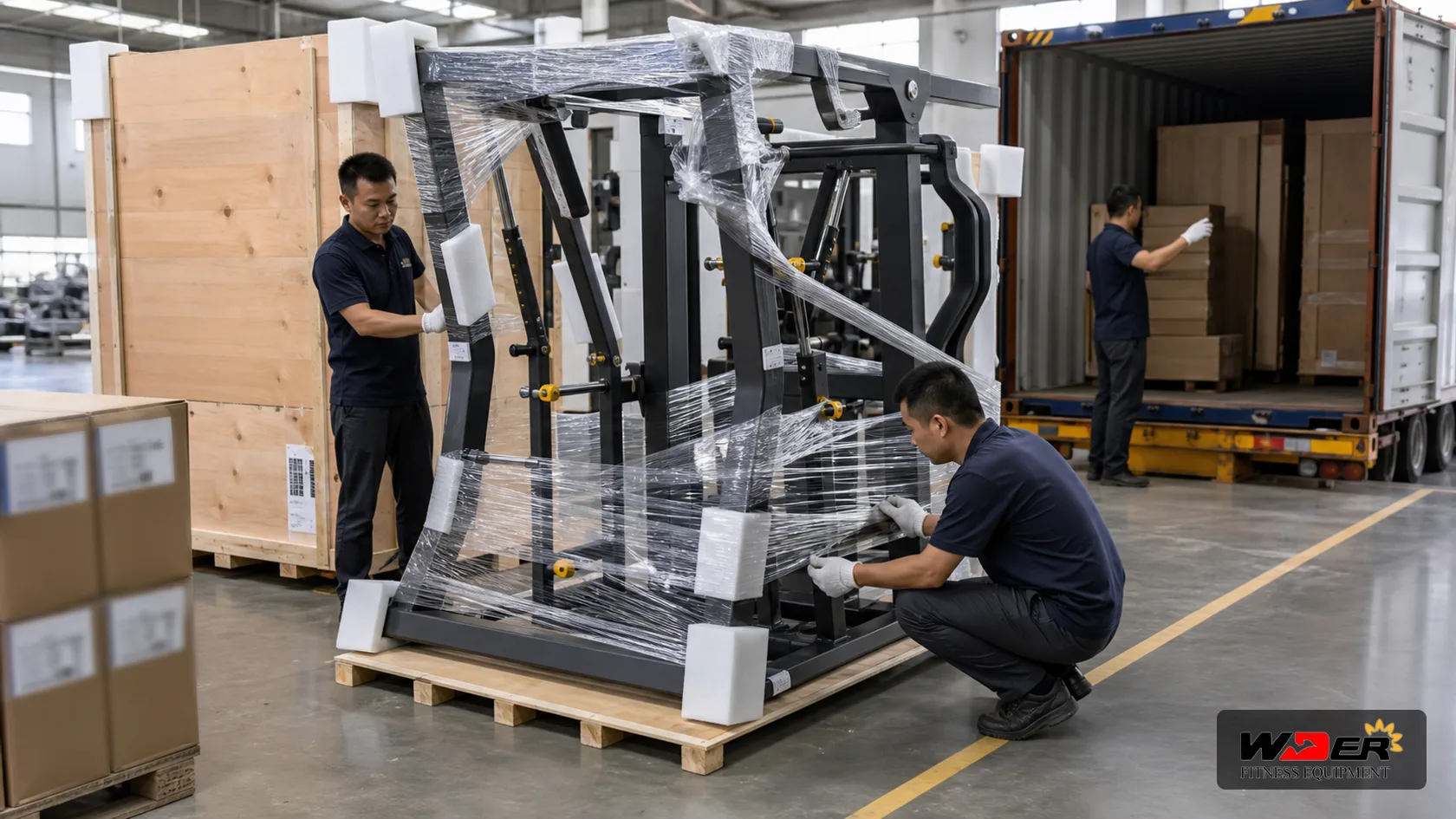 Commercial gym equipment export packing damage prevention with WDER logo - FR