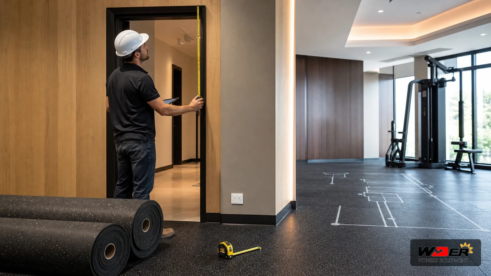 Commercial gym equipment installation site readiness check with WDER logo - FR