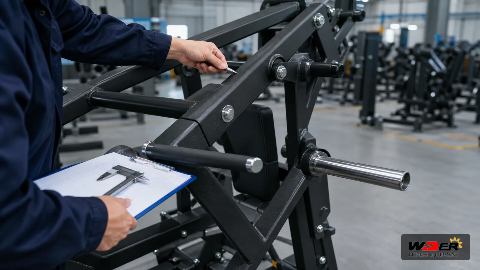 Plate loaded machine biomechanics inspection with WDER logo - FR