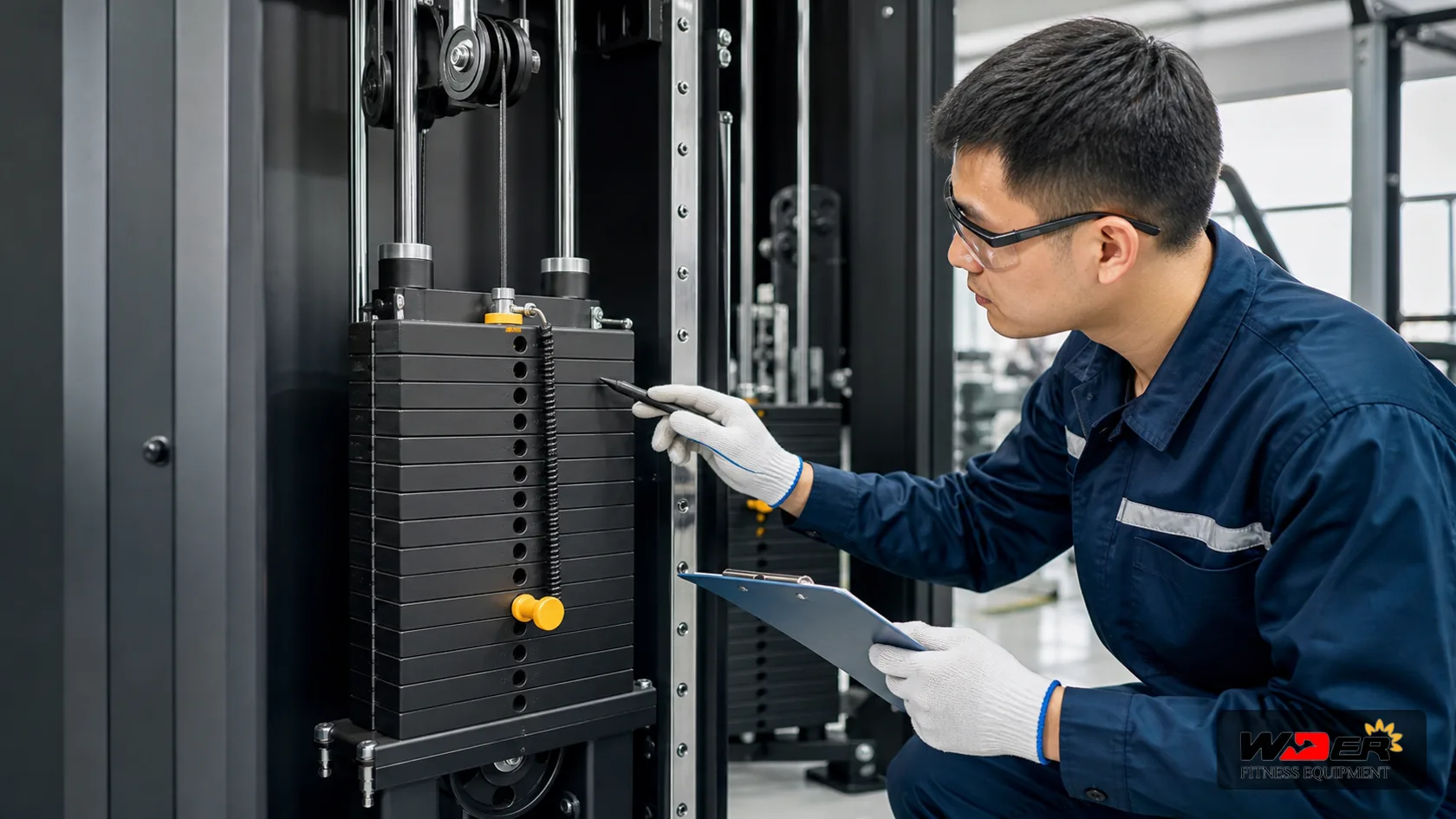 Selectorized strength machine weight stack specification inspection with WDER logo - FR