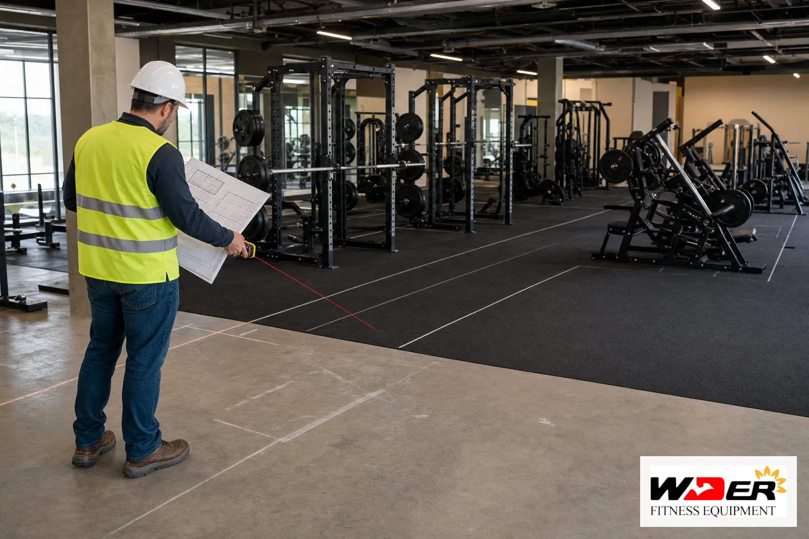 Engineer reviewing commercial gym equipment floor load planning with WDER logo - fr