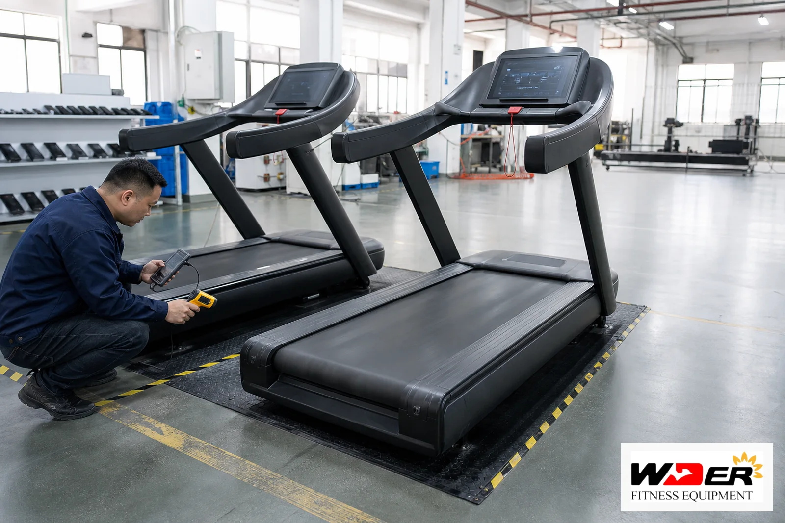 Commercial treadmill endurance and duty cycle testing with WDER logo - fr