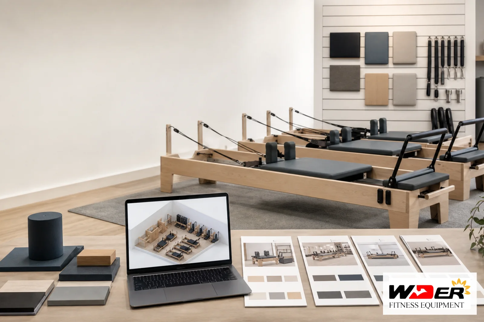 Commercial gym equipment upholstery and stitching inspection with WDER logo - fr