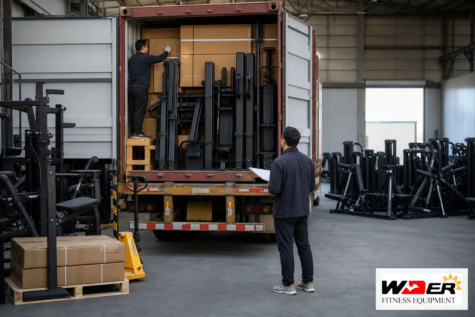 Mixed commercial gym equipment container loading optimization with WDER logo - fr