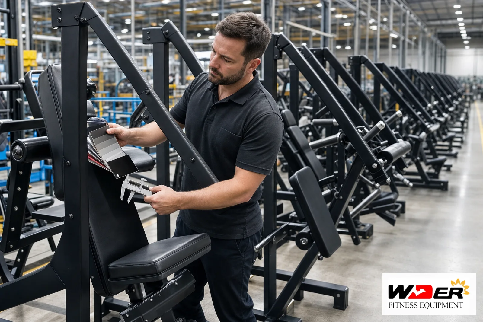 Powder-coated gym equipment frame inspection for coastal projects with WDER logo - fr