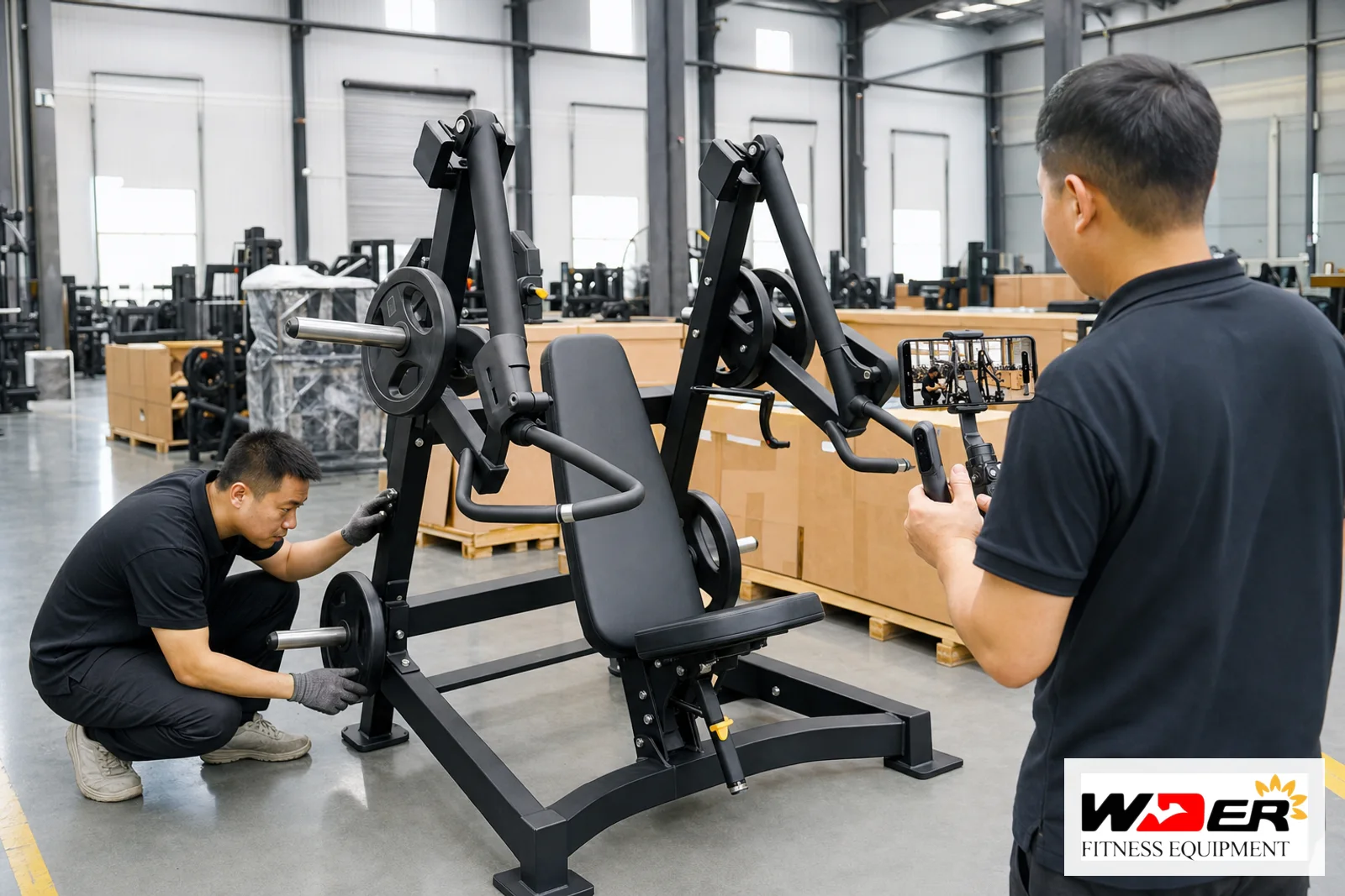 Commercial gym equipment pre-shipment video inspection with WDER logo - fr