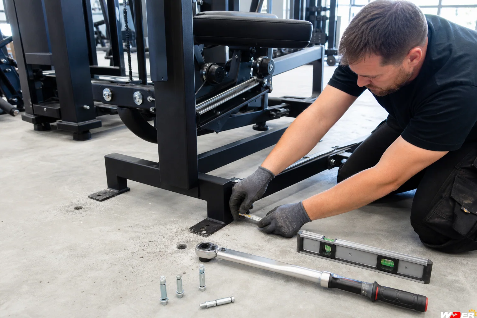 Installer preparing anchor bolts for commercial gym equipment with one WDER logo - fr
