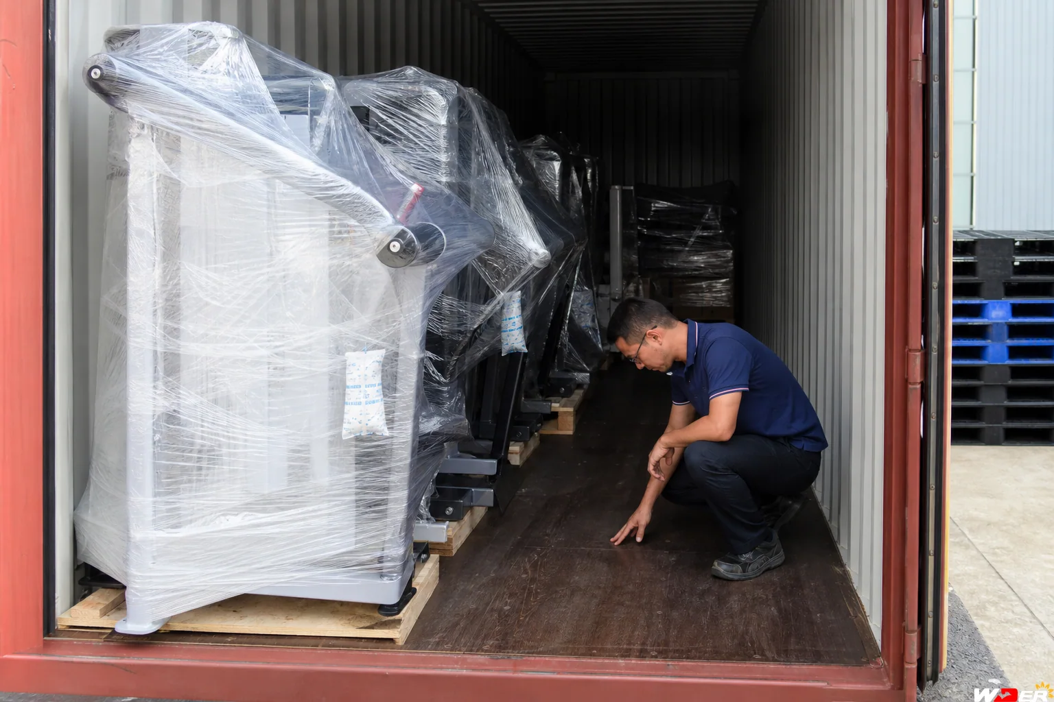 Commercial gym equipment container moisture protection inspection with one WDER logo - fr