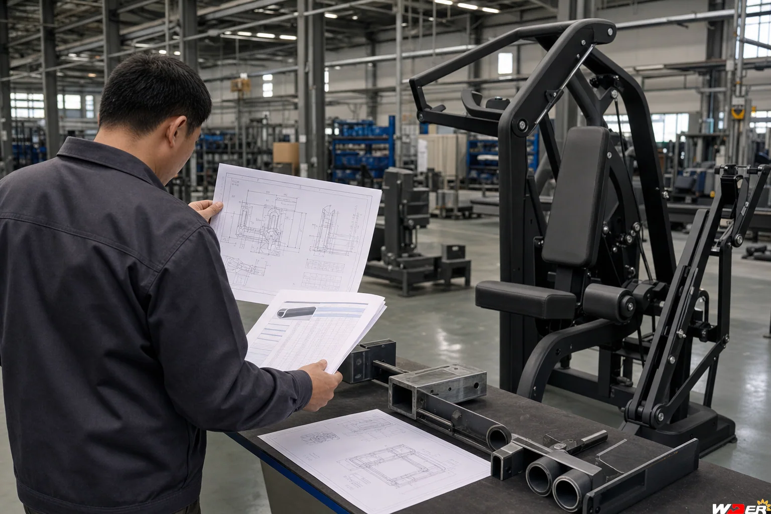 Engineer reviewing a commercial gym equipment specification drawing with one WDER logo - fr