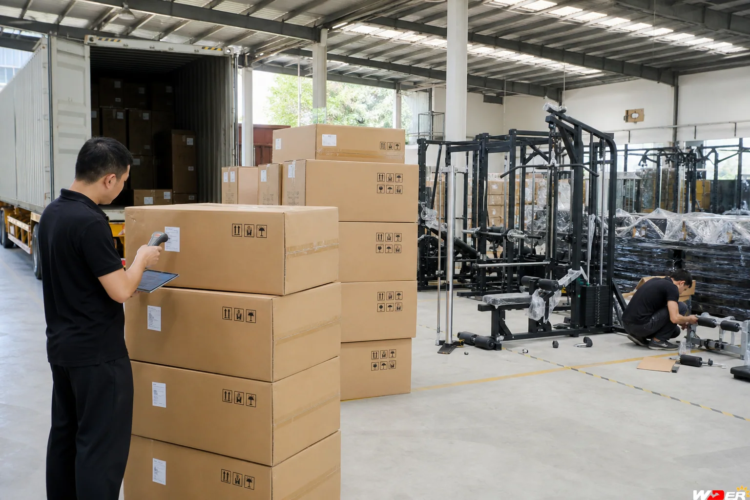 Gym equipment shipment carton and serial tracking at receiving with one WDER logo - ar