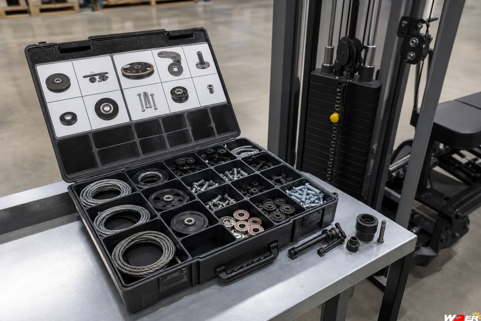 Organized commercial gym equipment spare parts identification kit with one WDER logo - fr