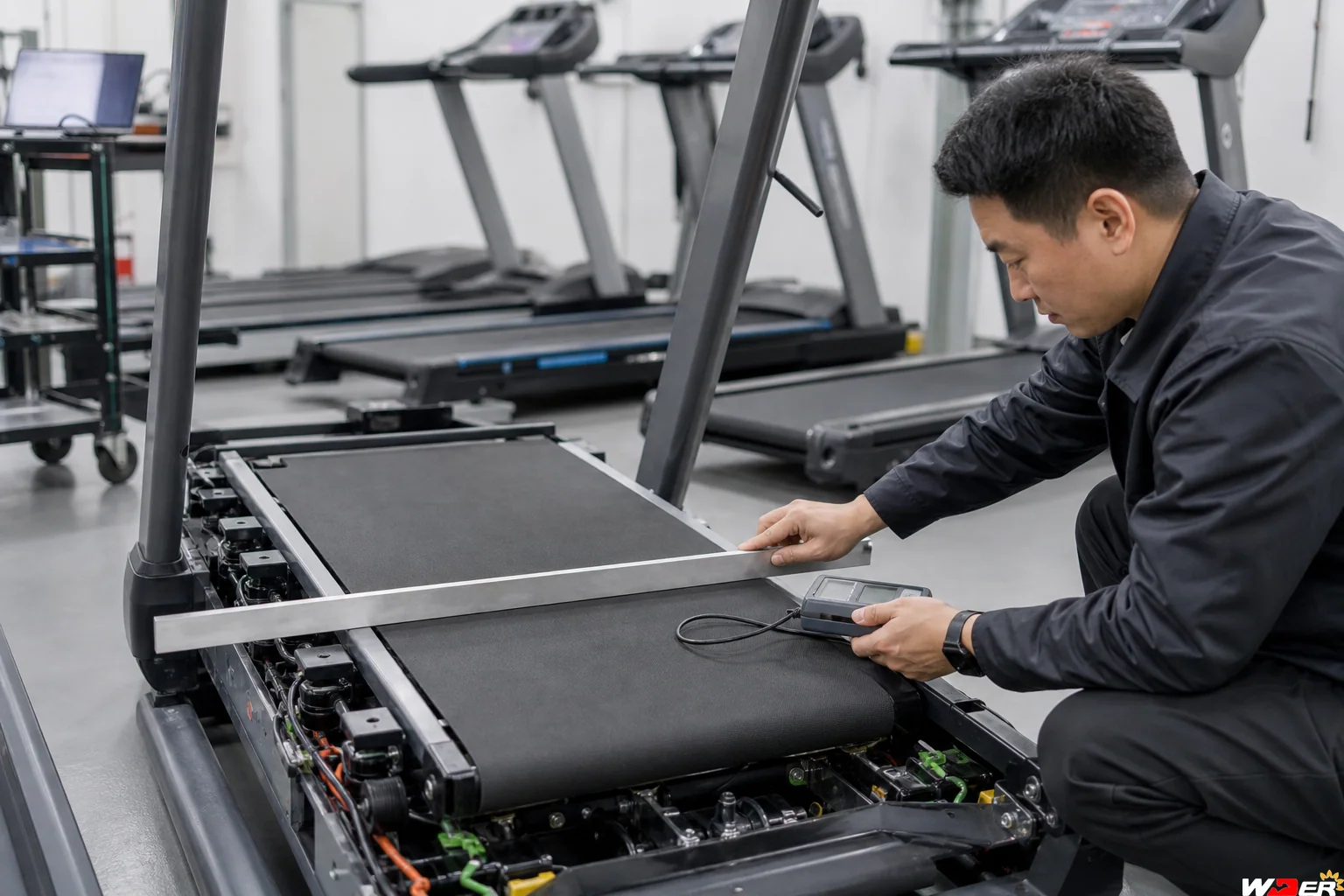 Technician inspecting treadmill deck cushioning and belt alignment with one WDER logo - fr