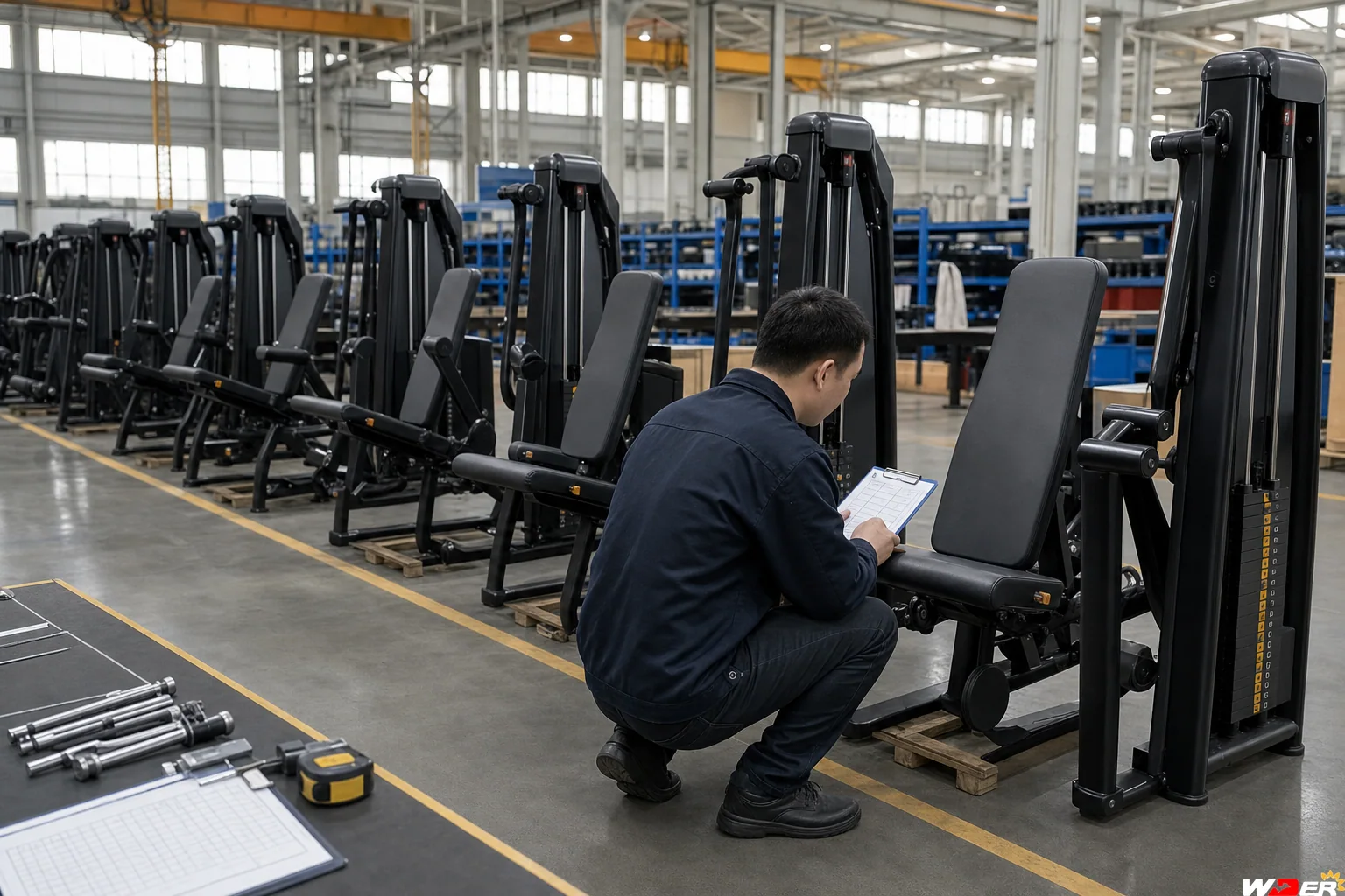 Commercial gym equipment sampling inspection with one WDER logo - fr