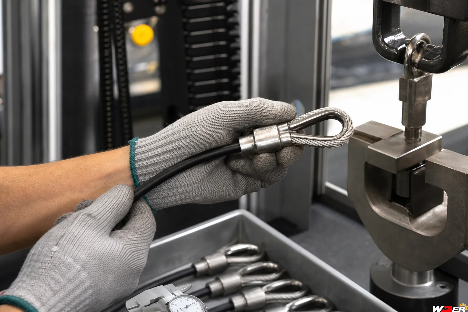 Selectorized gym machine cable termination inspection with one WDER logo - fr