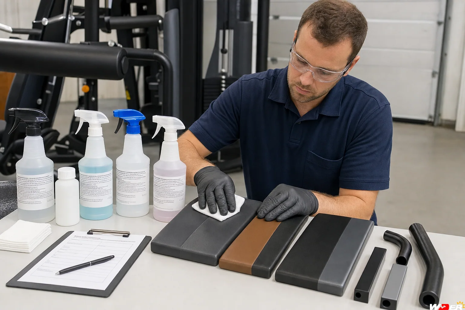 Commercial gym equipment cleaning compatibility test with one WDER logo