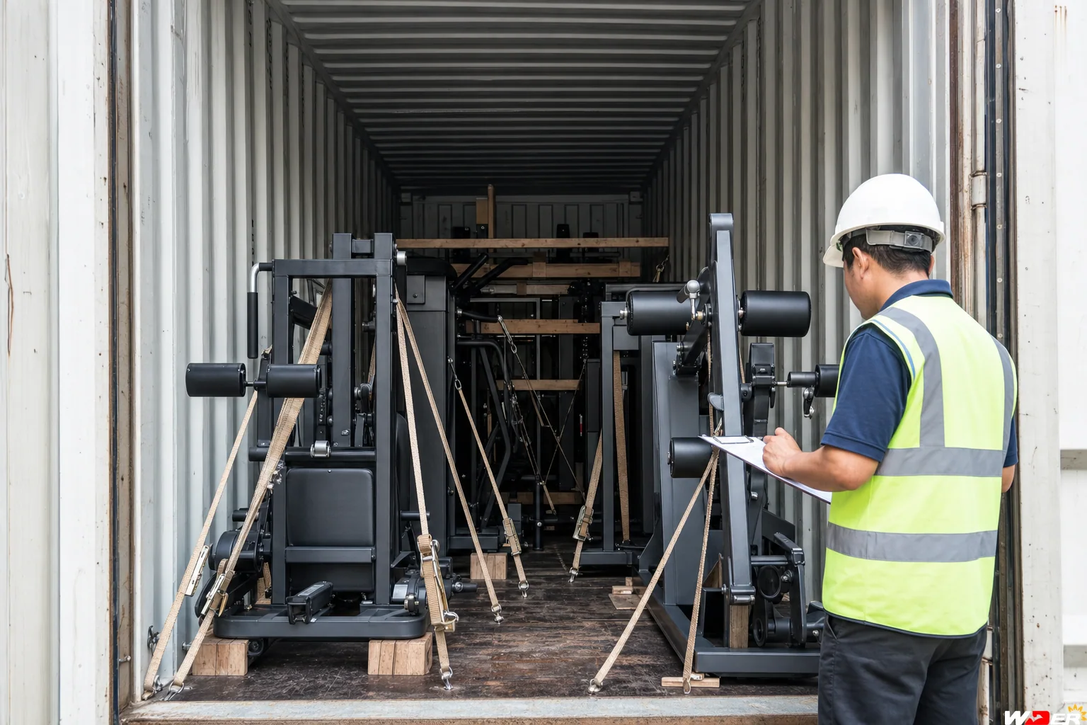 Gym equipment container weight distribution and securing with one WDER logo - fr