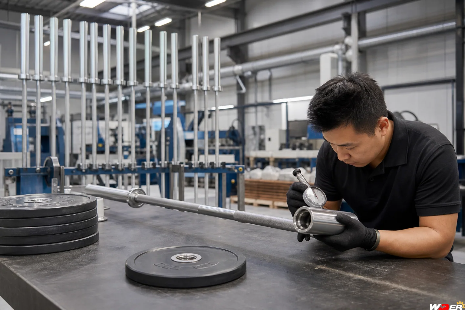 Commercial Olympic bars and weight plates inspection with one WDER logo - fr