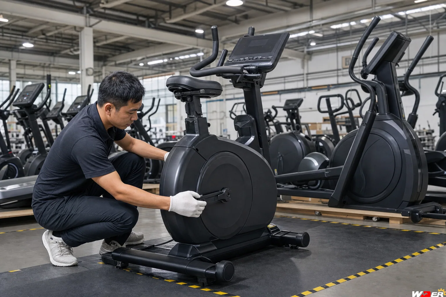 Commercial bike and elliptical resistance system factory test with one WDER logo