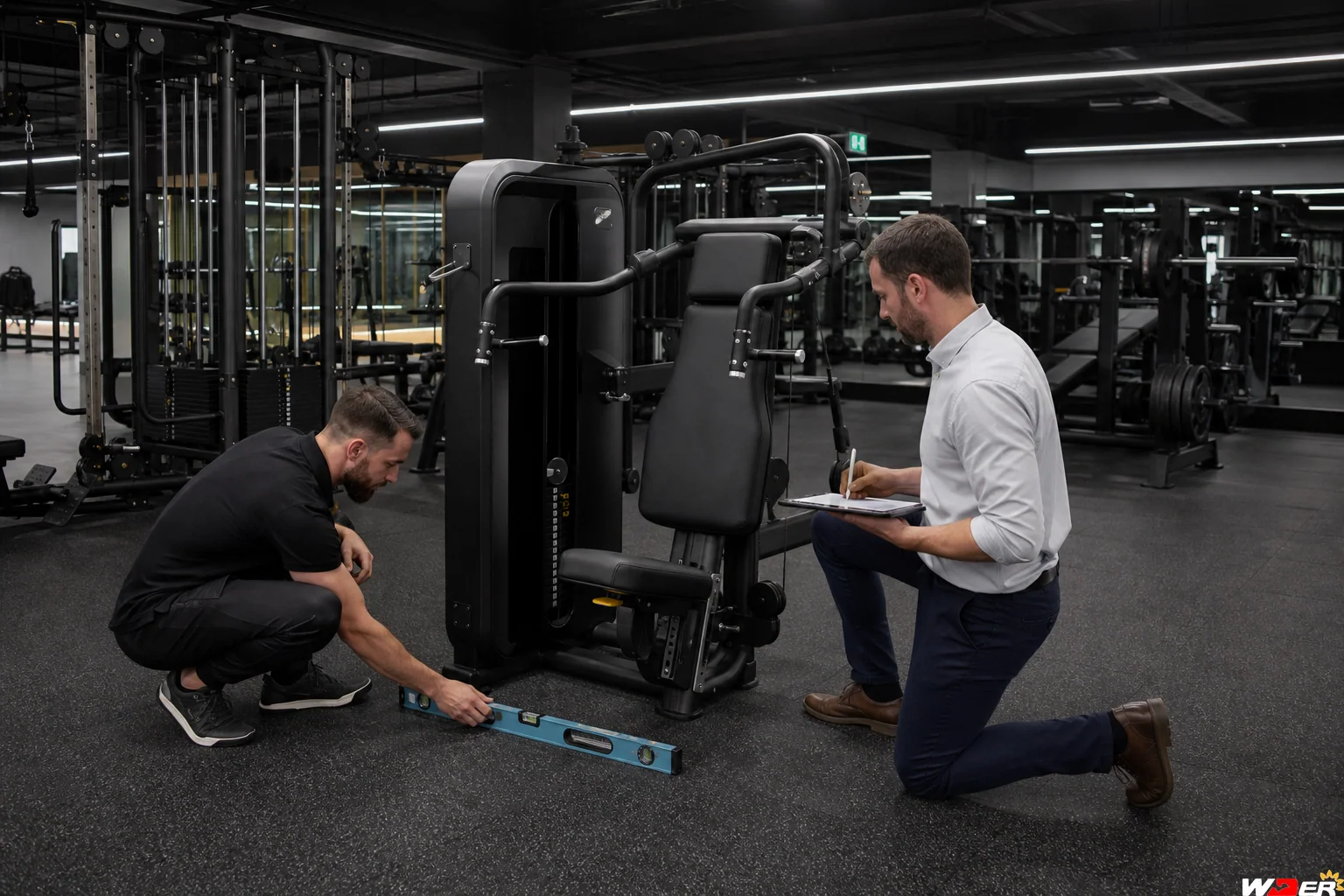 Commercial gym equipment commissioning and acceptance inspection with one WDER logo