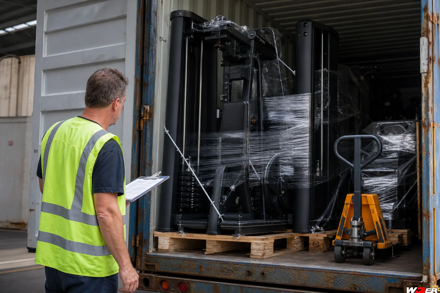 Safe commercial gym equipment container unloading preparation with one WDER logo