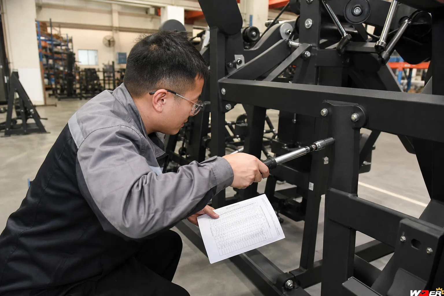 Technician checking commercial gym equipment fastener torque with one WDER logo
