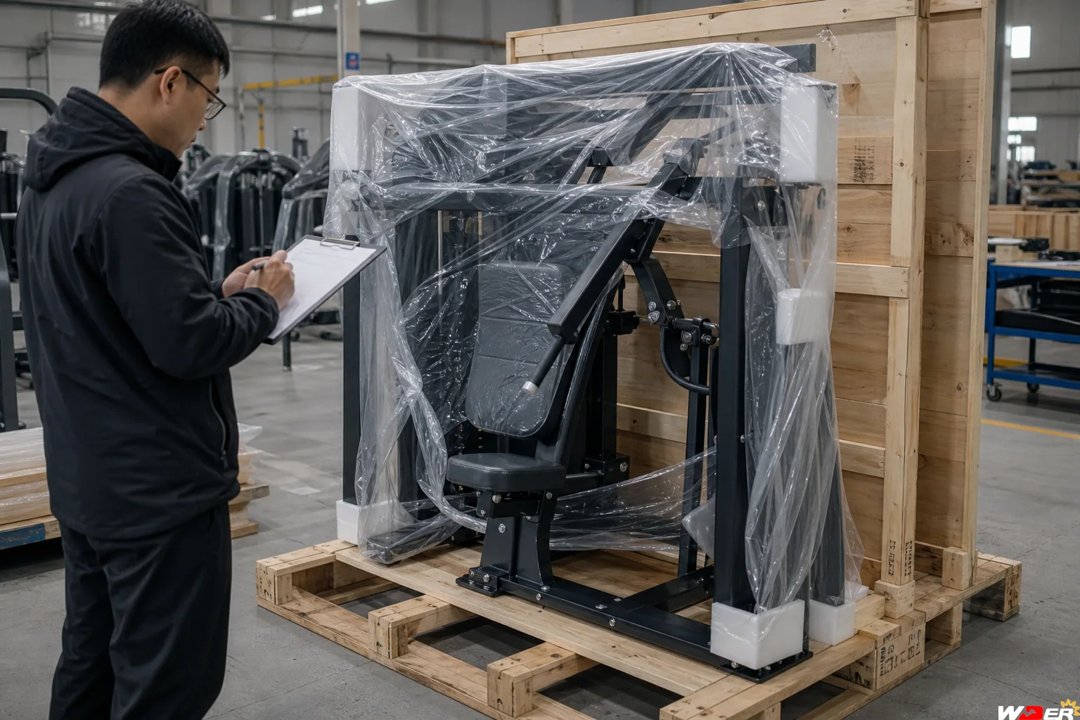 Commercial gym equipment export wood packaging inspection with one WDER logo