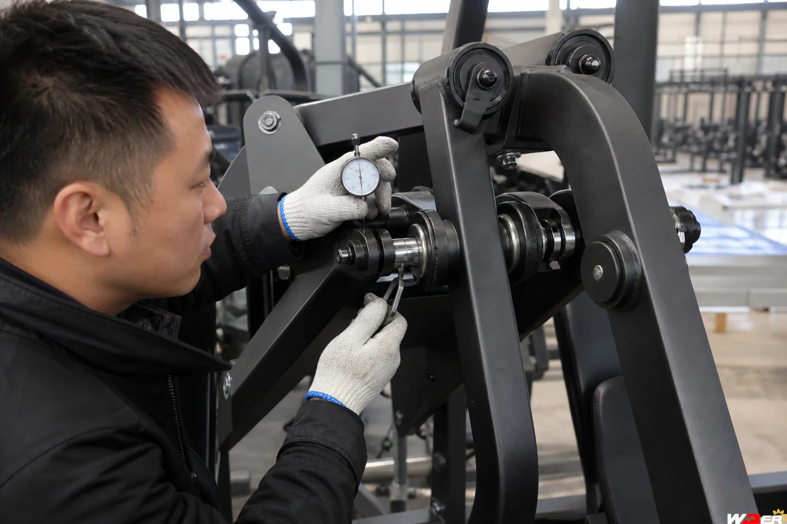 Plate-loaded gym machine pivot bearing and bushing inspection with one WDER logo