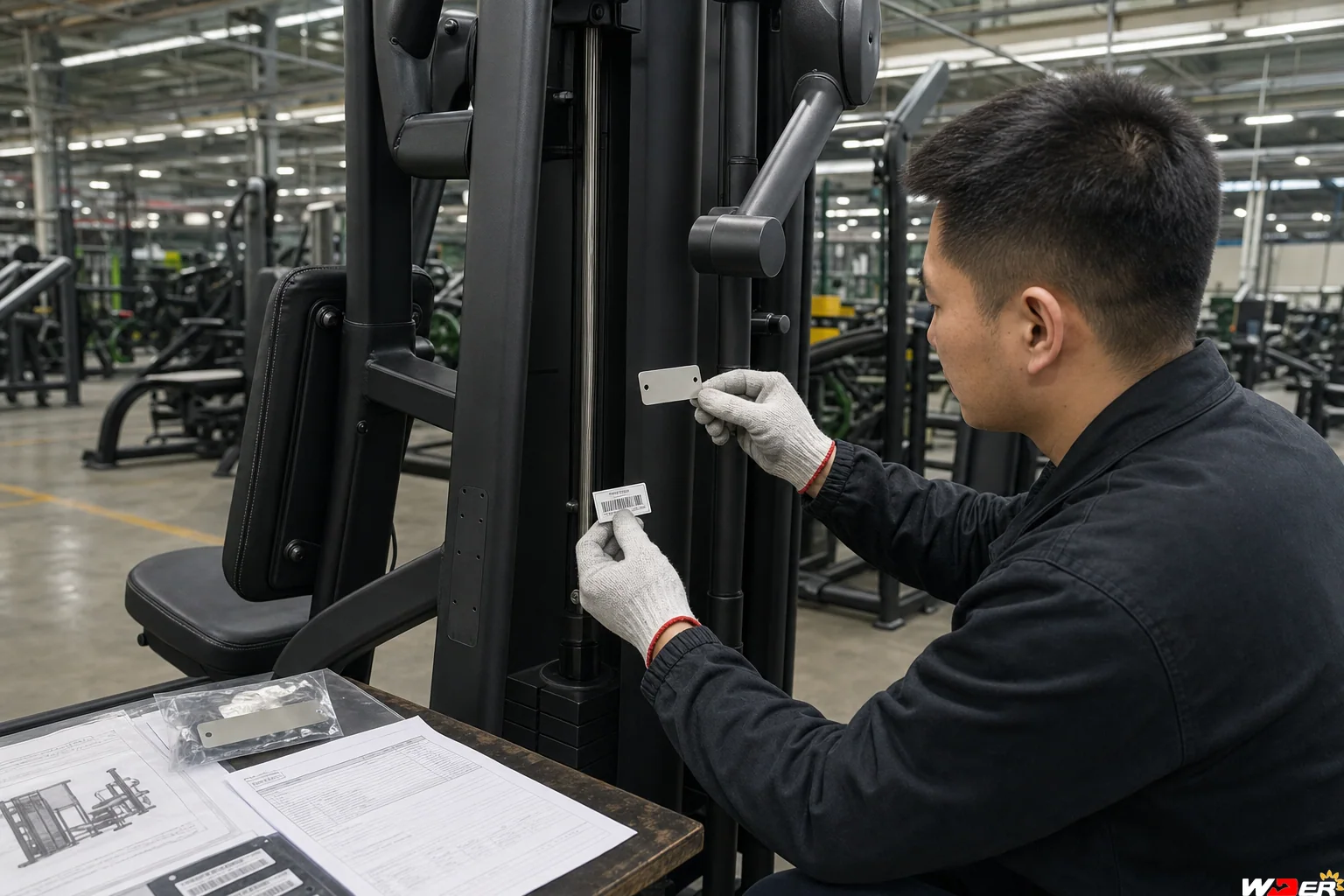 OEM gym equipment rating plate and serial number inspection with one WDER logo