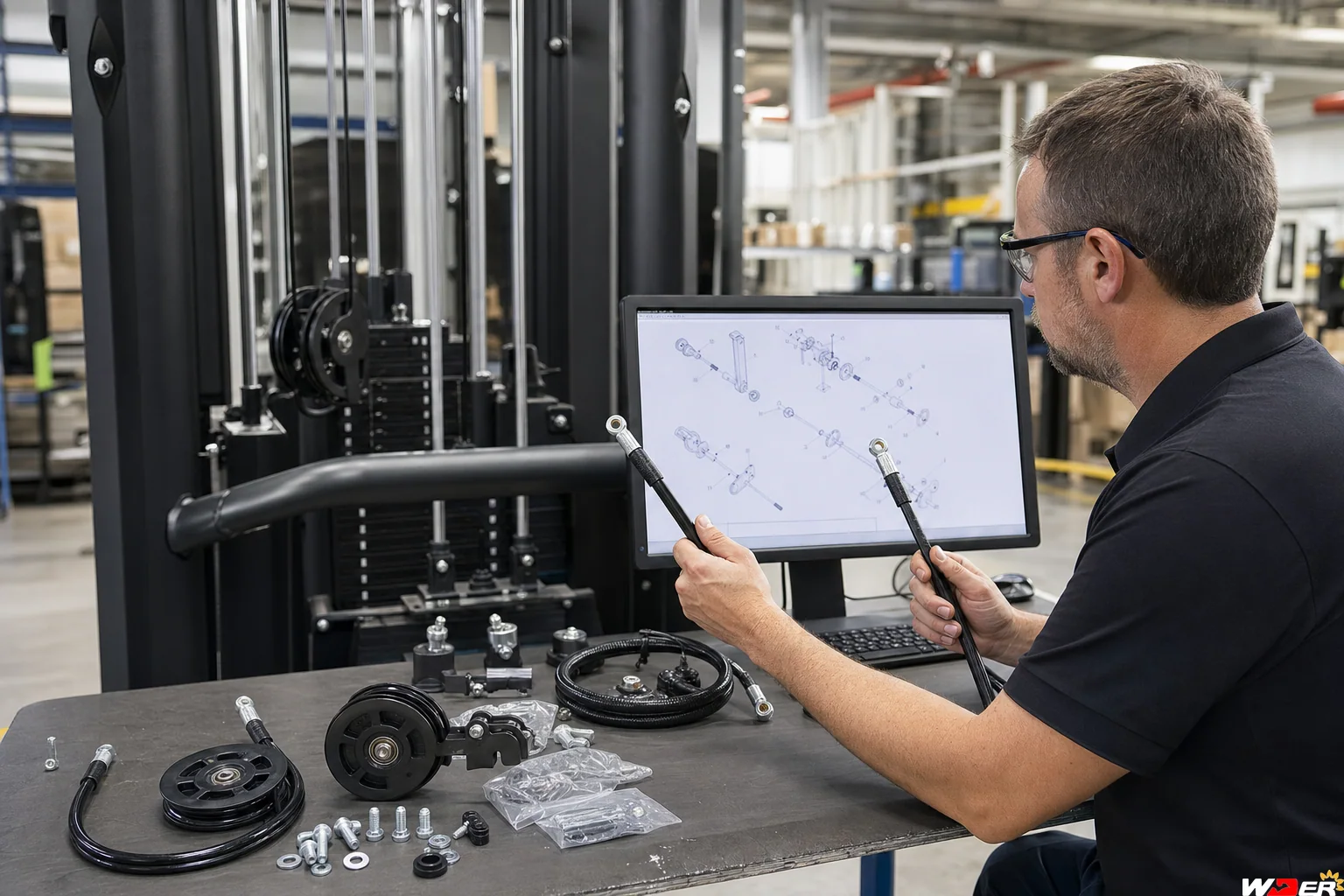 Commercial gym equipment spare-part revision compatibility review with one WDER logo