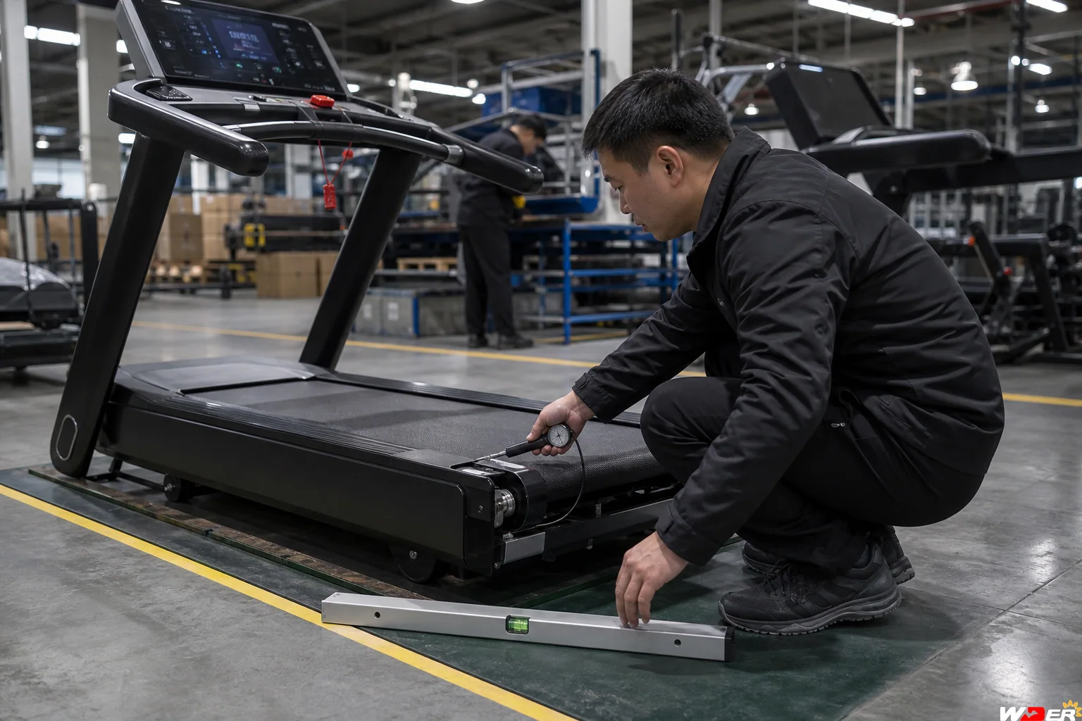 Commercial treadmill running belt tension and tracking test with one WDER logo