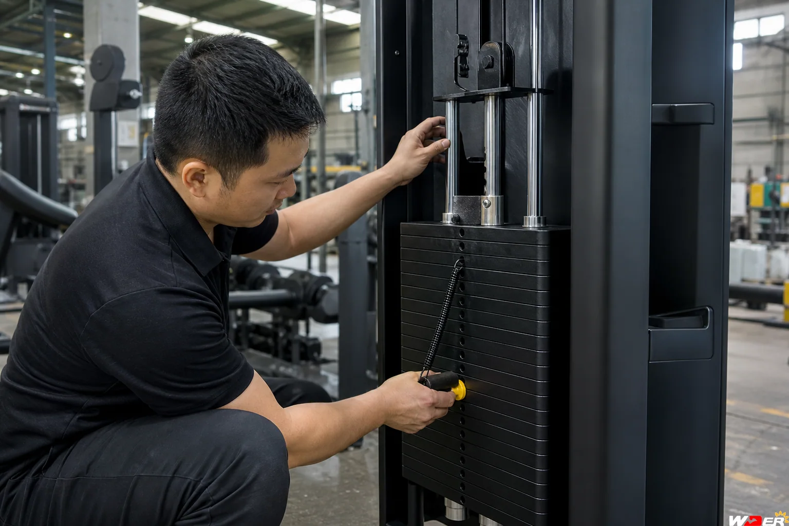 Selectorized weight stack and guide rod alignment inspection with one WDER logo