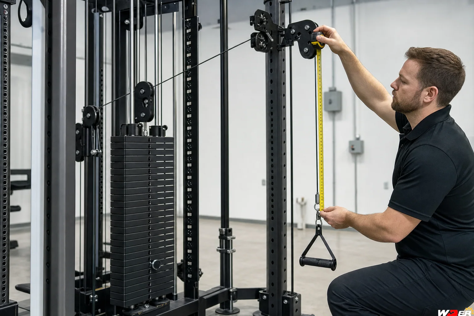 Functional trainer pulley ratio and cable travel inspection with one WDER logo