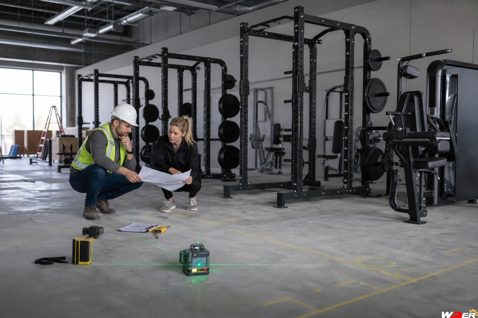 Commercial gym floor load and structural planning with one WDER logo