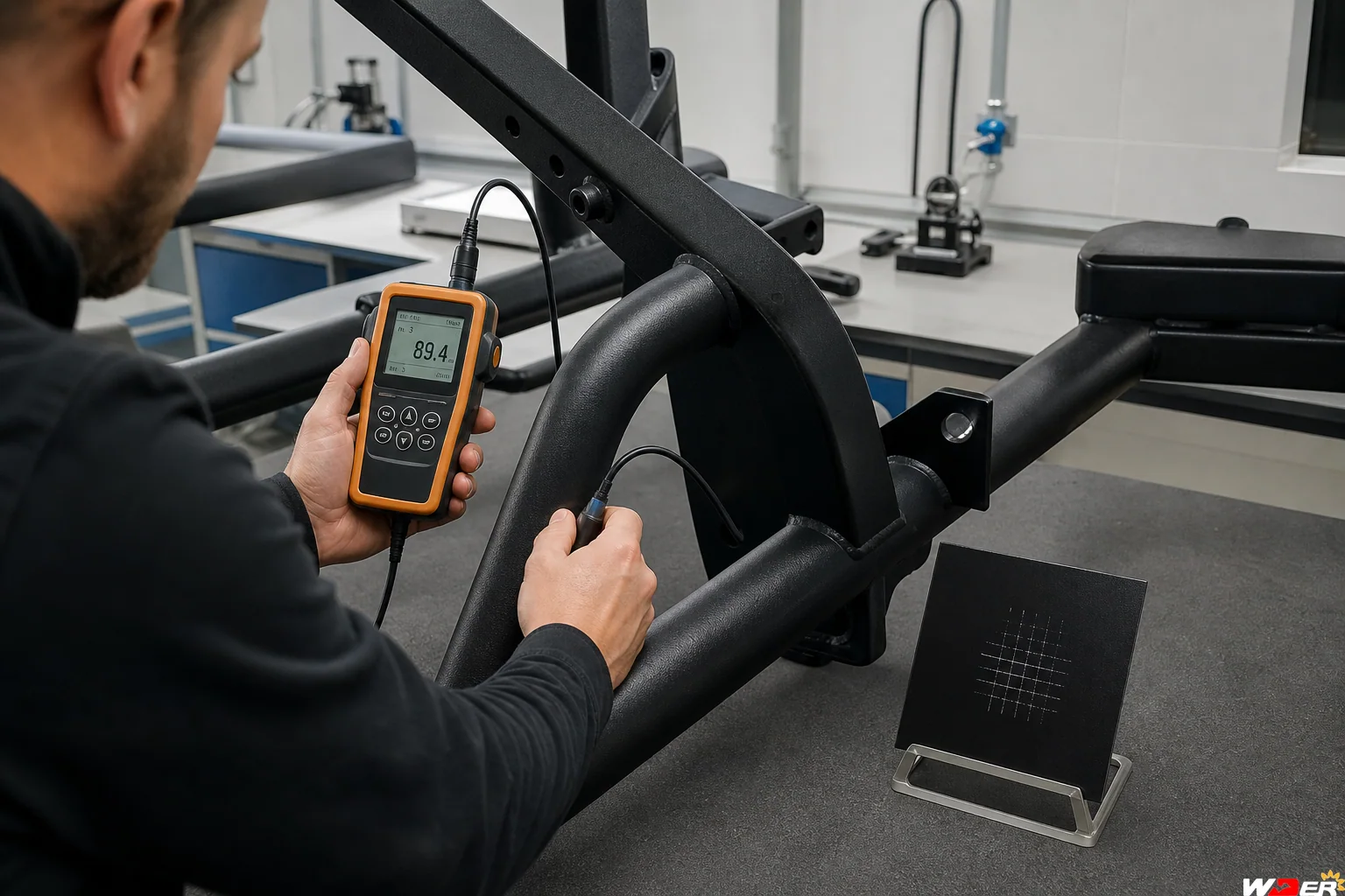 Commercial gym equipment powder coating thickness inspection with one WDER logo