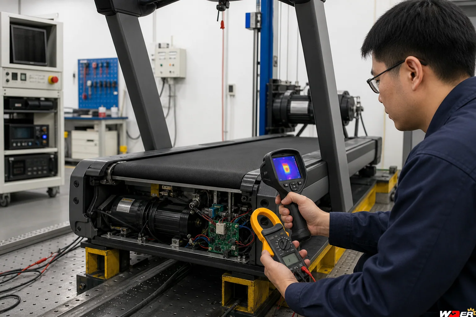 Commercial treadmill motor and controller thermal performance test with one WDER logo