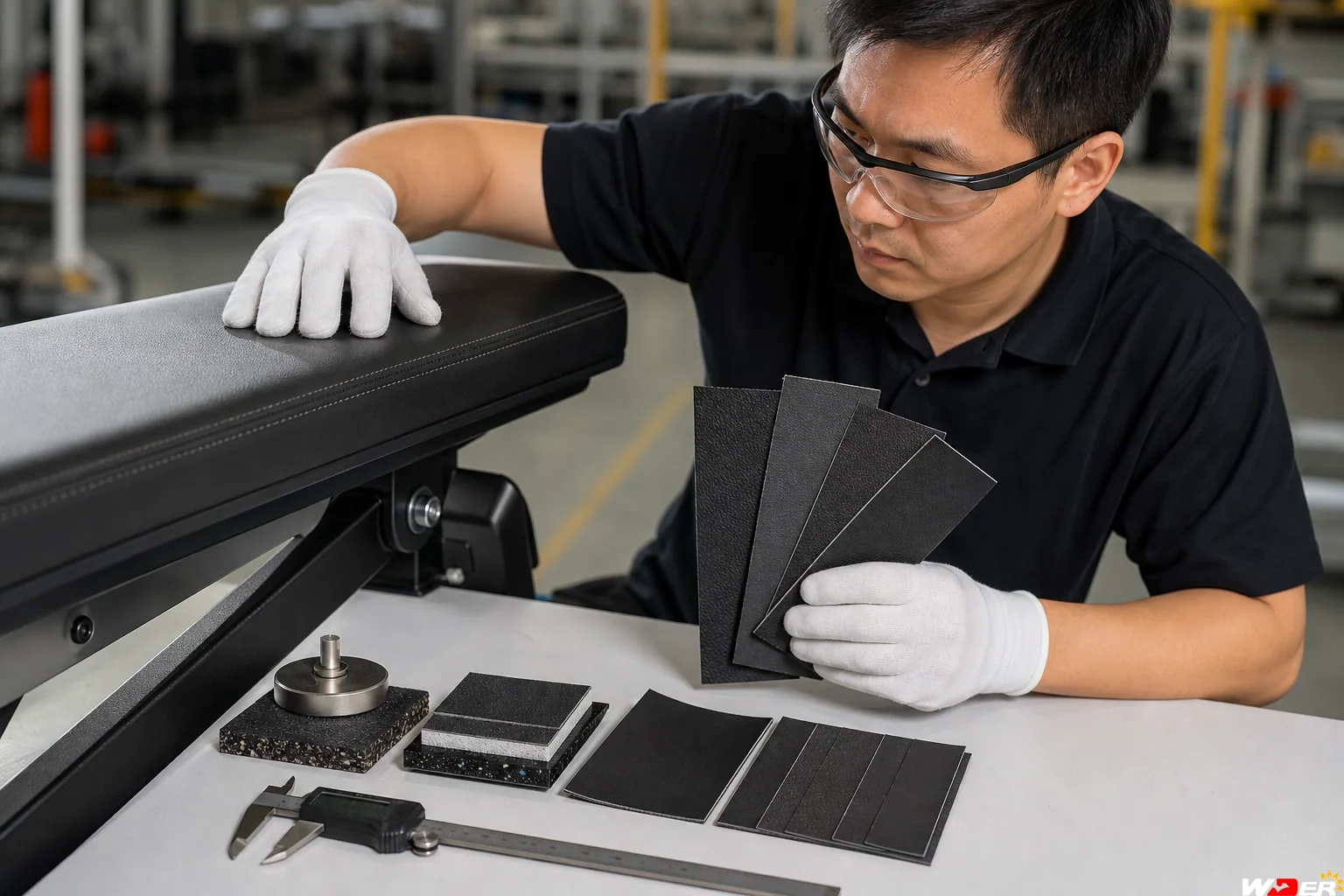 Commercial gym equipment upholstery material durability inspection with one WDER logo