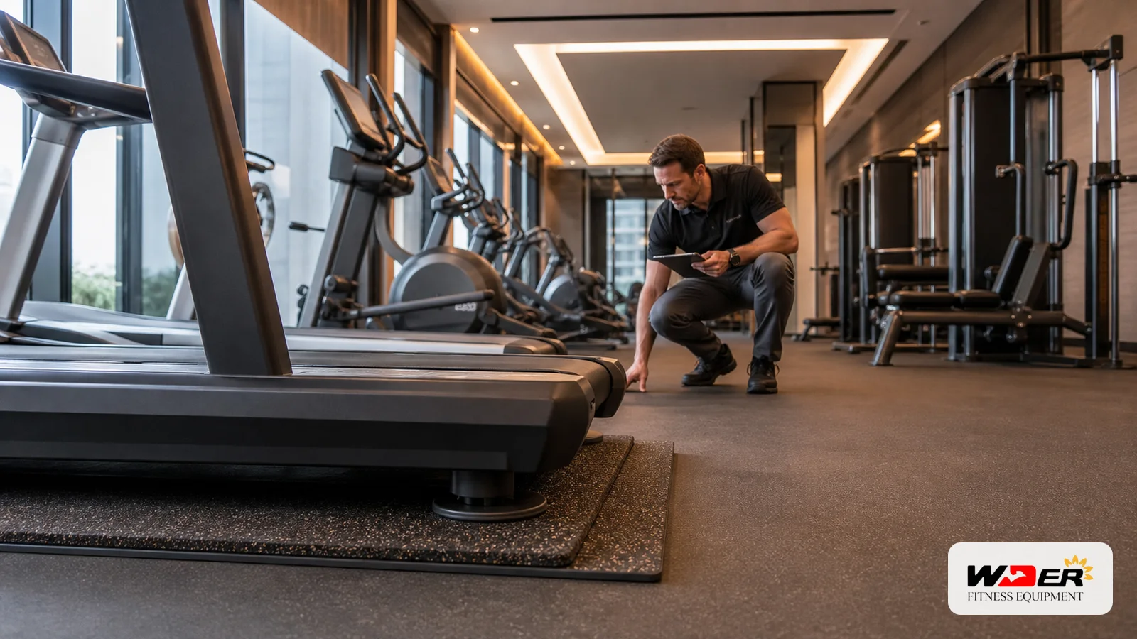 Hotel gym treadmill vibration planning with WDER logo - Indian B2B buyer guide
