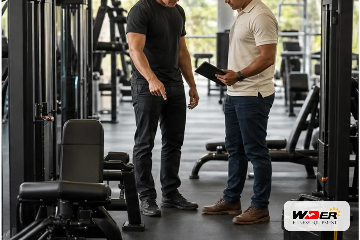 Checklist de Entrega de Instalacion para Equipos de Gimnasio Comercial con el logo de WDER