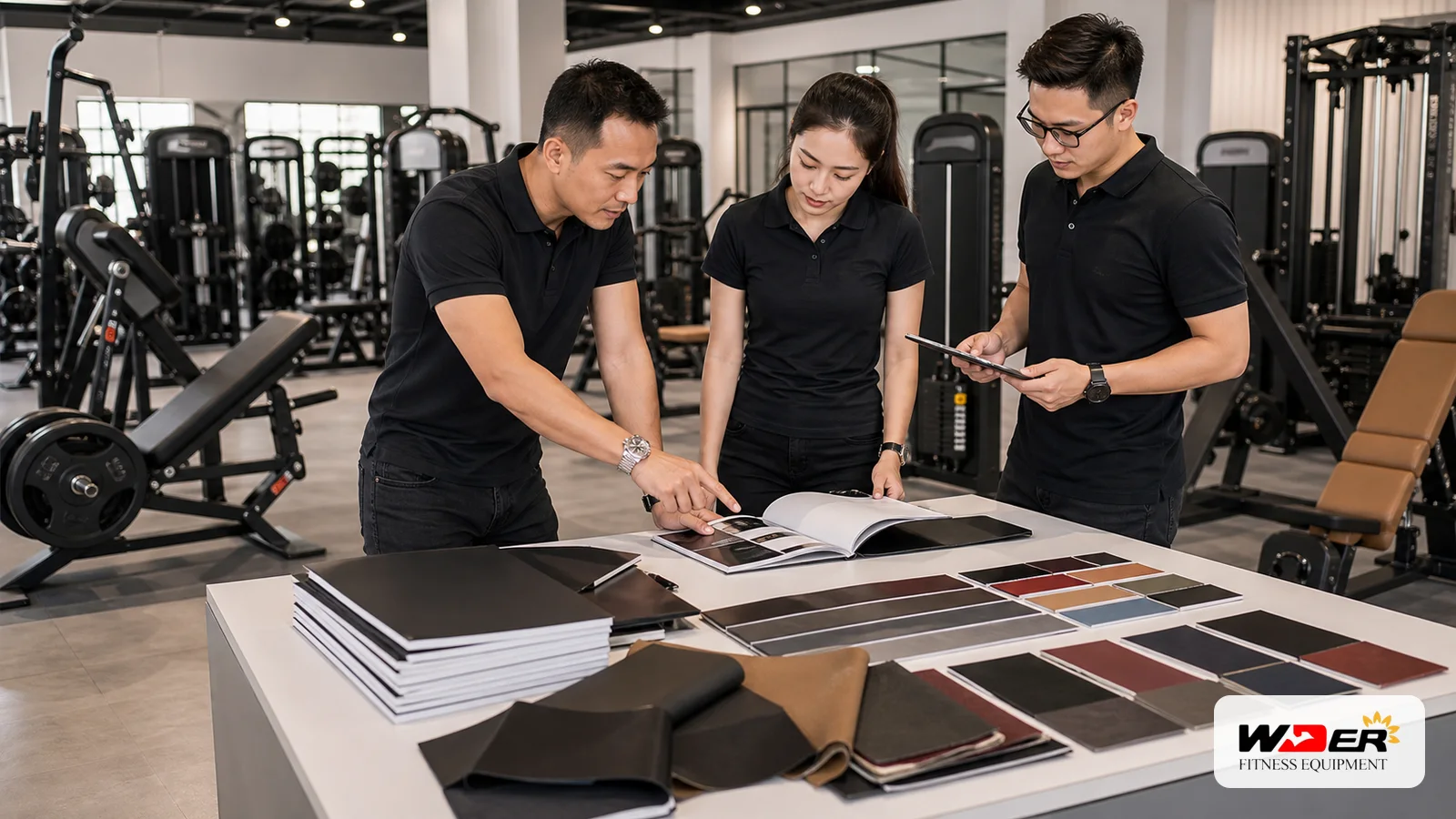 Private label gym equipment showroom planning with WDER logo - Indian B2B buyer guide